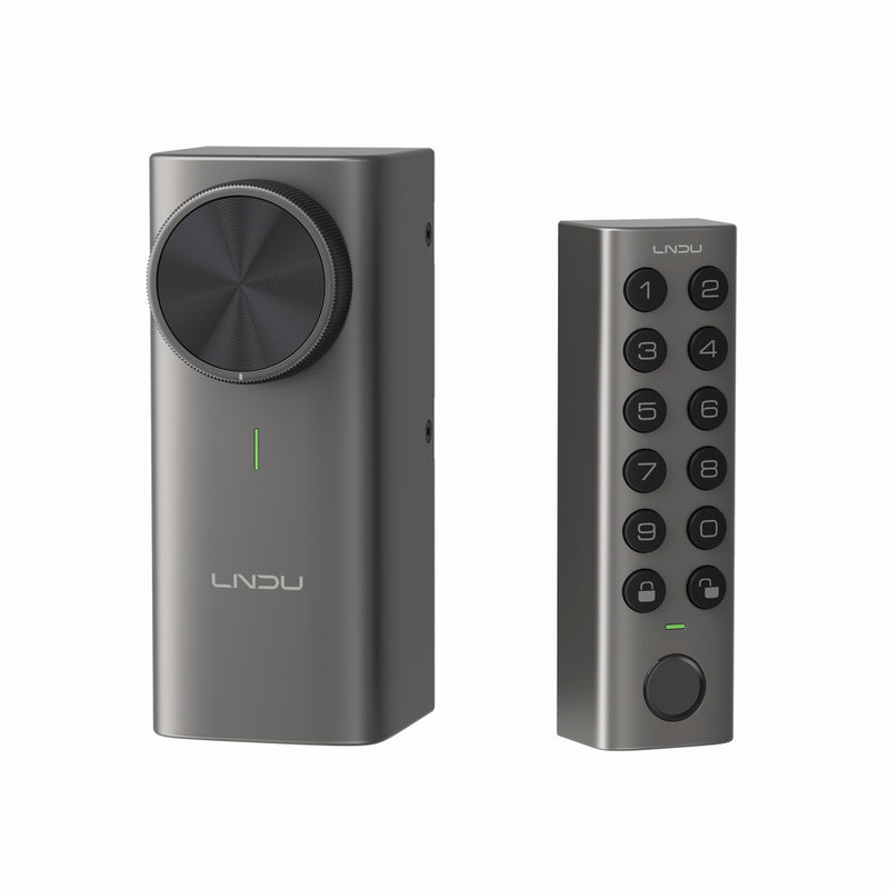 LNDU DL500 smart lock and fingerprint keypad on a white background