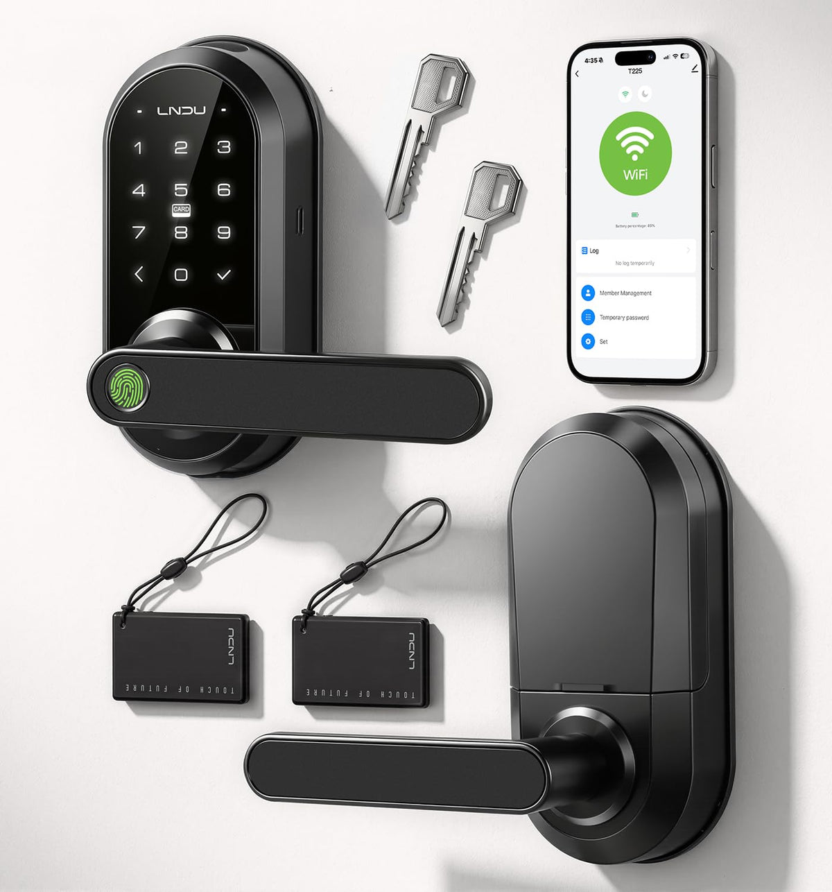 LNDU T225 smart lock set with handle, interior panel, keys, cards, and app screen