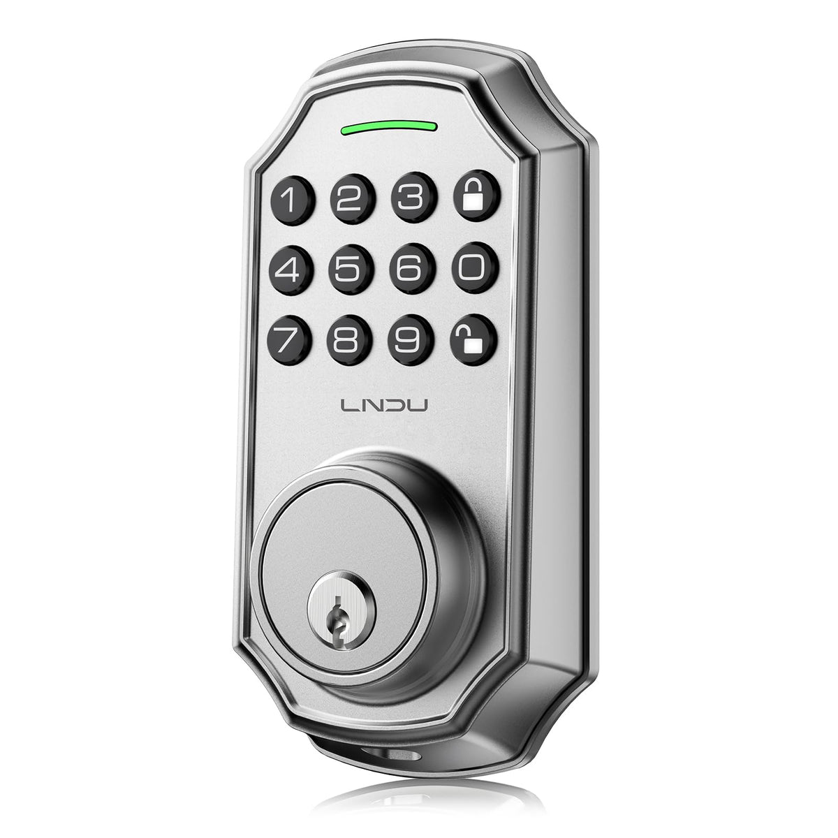 Silver LNDU D180 keypad deadbolt lock, front view