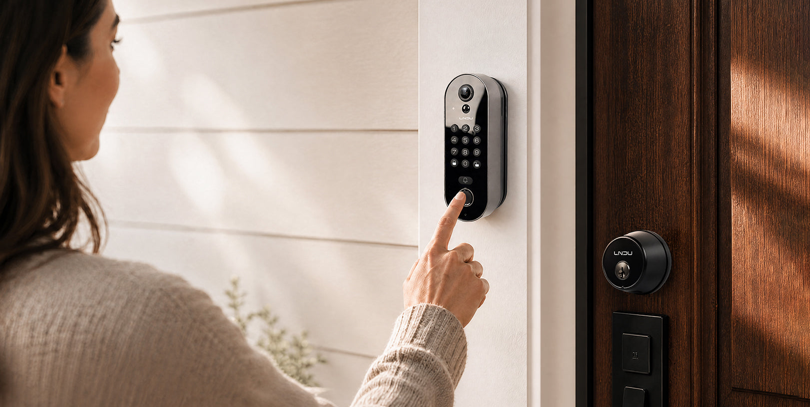Woman using an LNDU smart door lock with fingerprint access on a front door