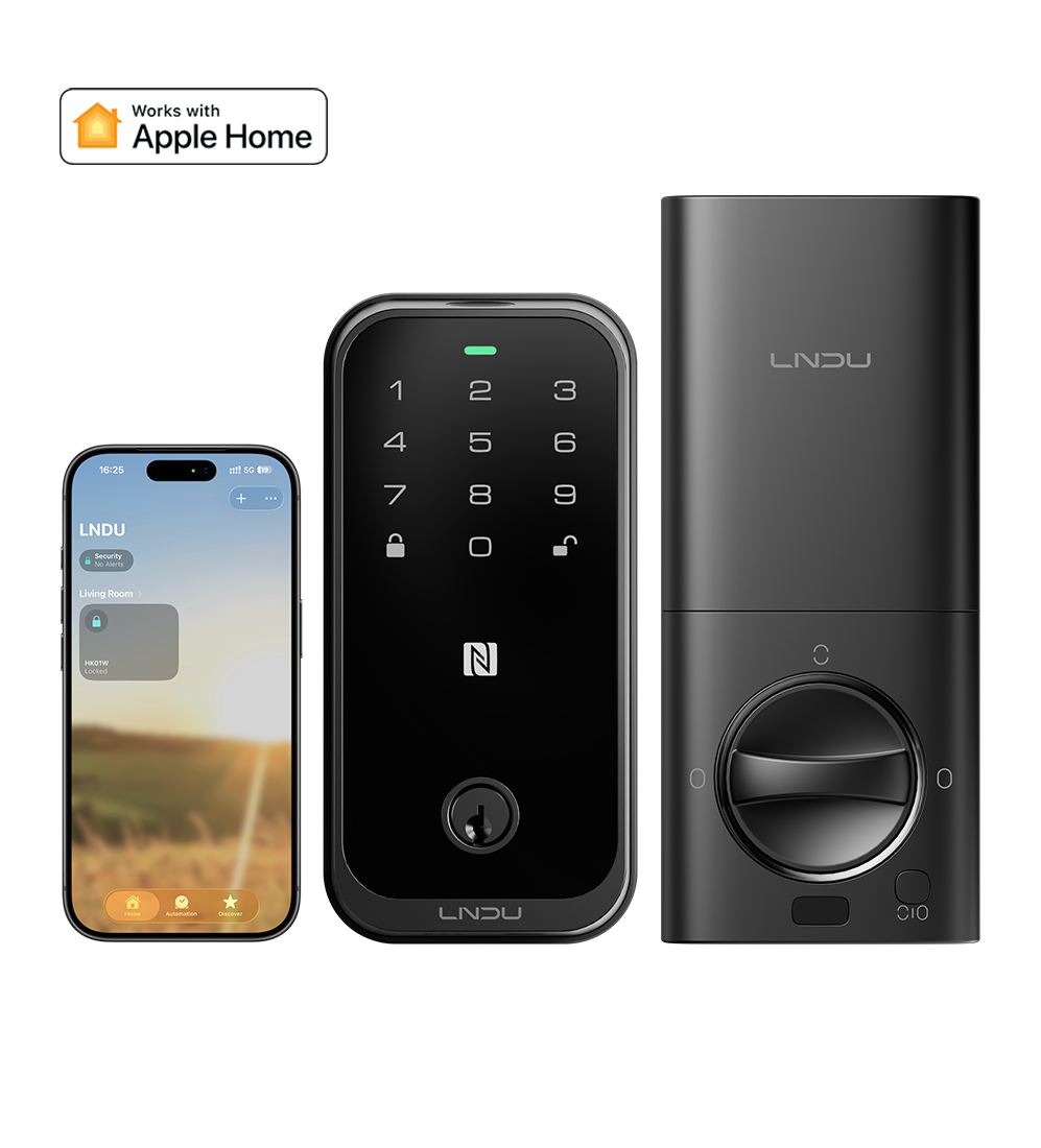 LNDU HK01W smart door lock with keypad, fingerprint access, and interior deadbolt