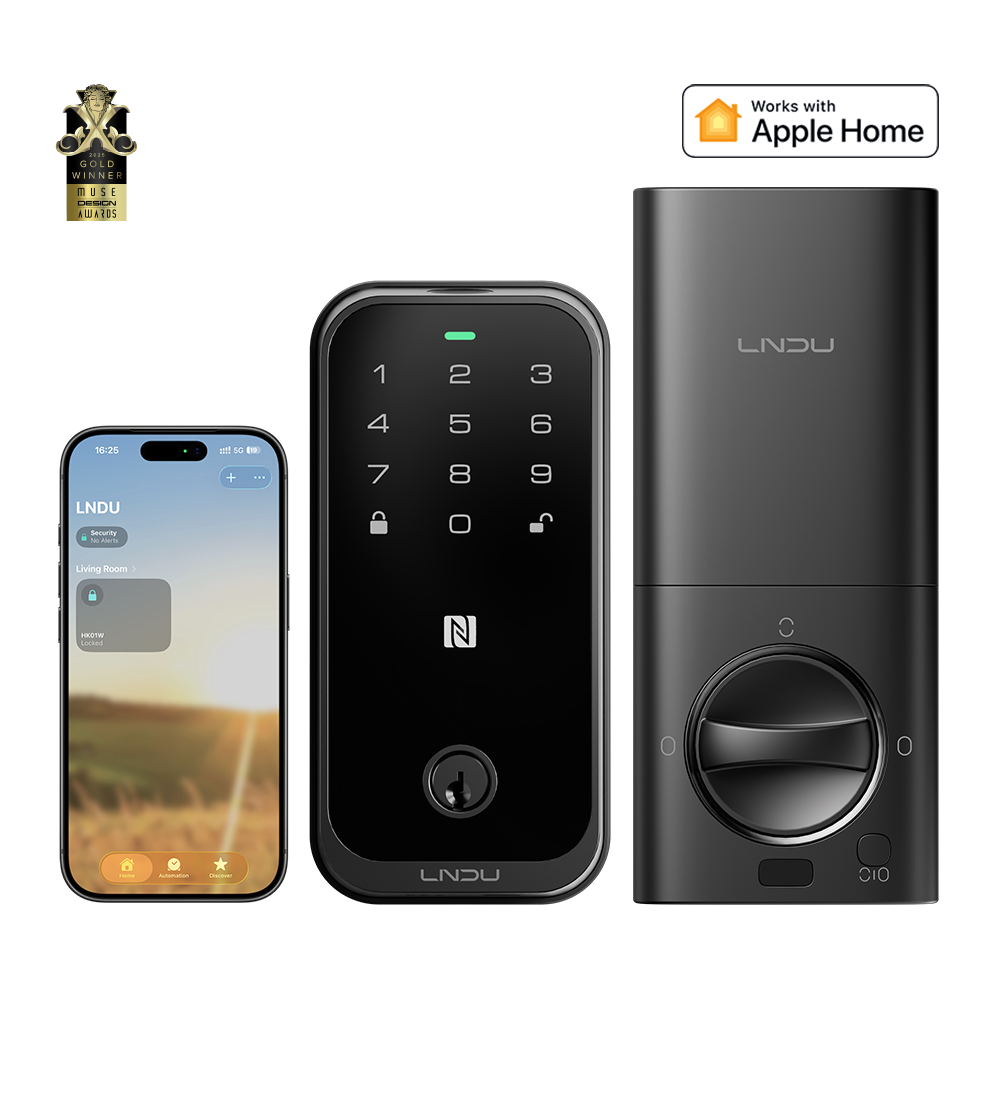 LNDU HK01W smart door lock with keypad, fingerprint access, and interior deadbolt